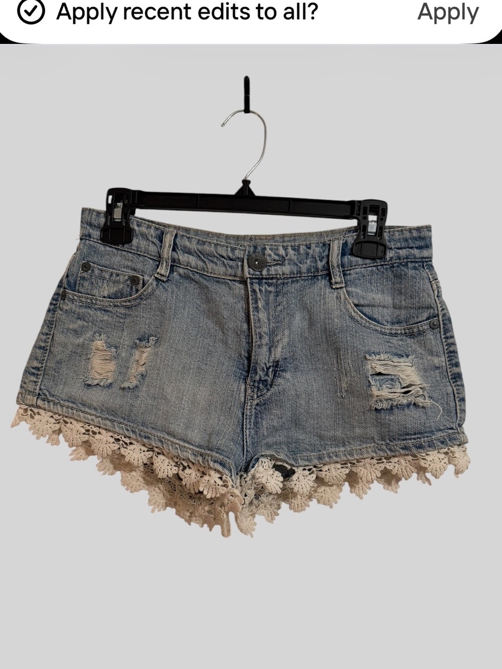 Vanilla Star Light Blue Distressed Denim Shorts with Cream Crochet Hem - Picture 2 of 5